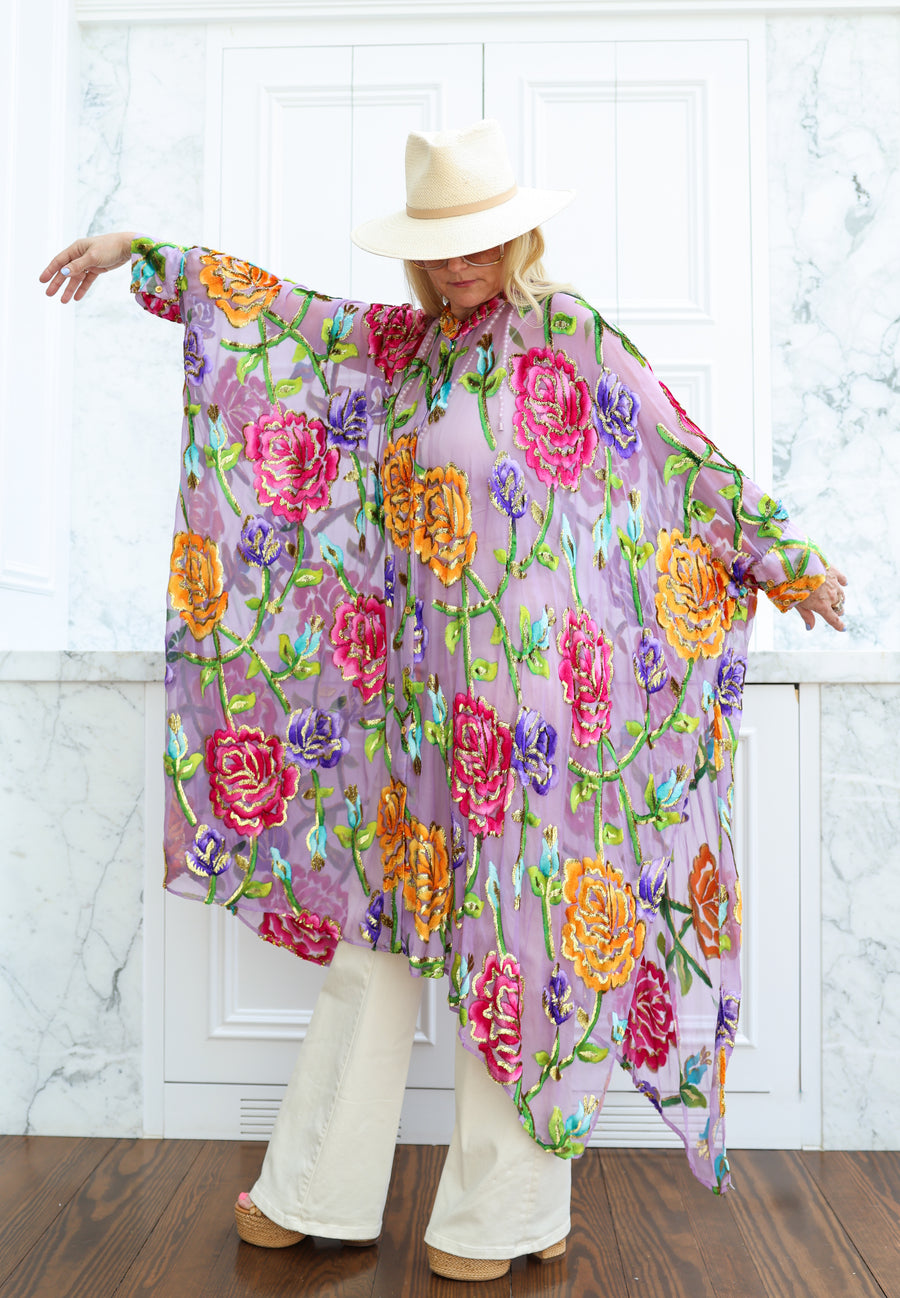 Velvet Burnout Silk Button Maxi Kaftan
