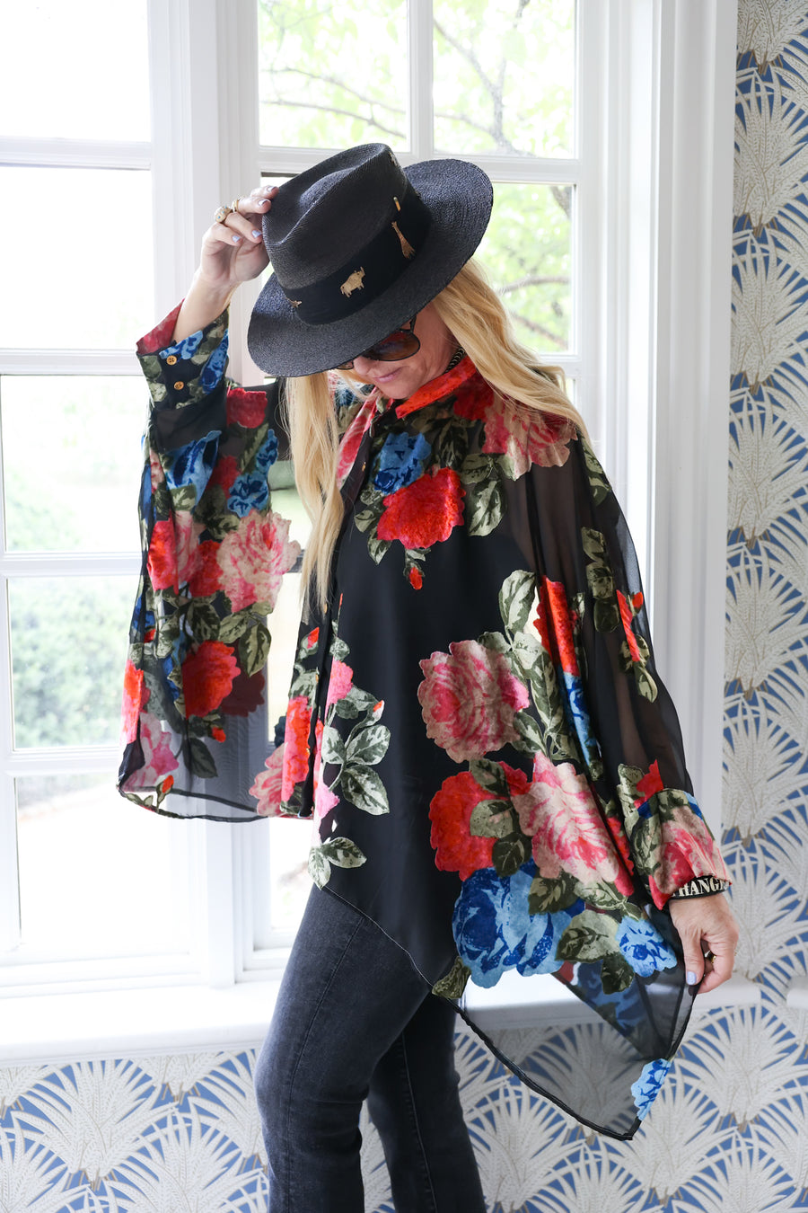 Midnight Floral Crop Button Kaftan