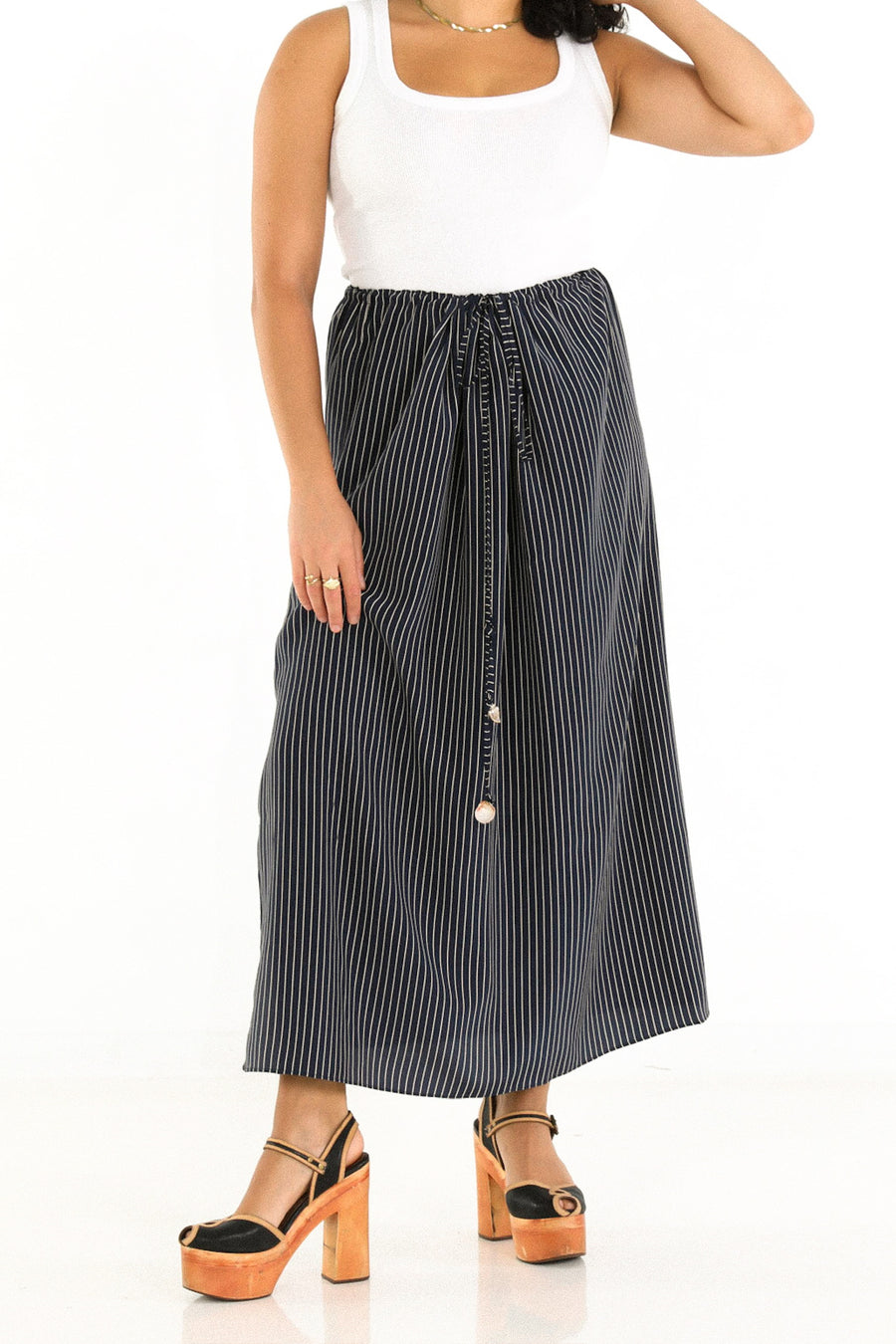 Drawstring Column Skirt in Nautical Stripe