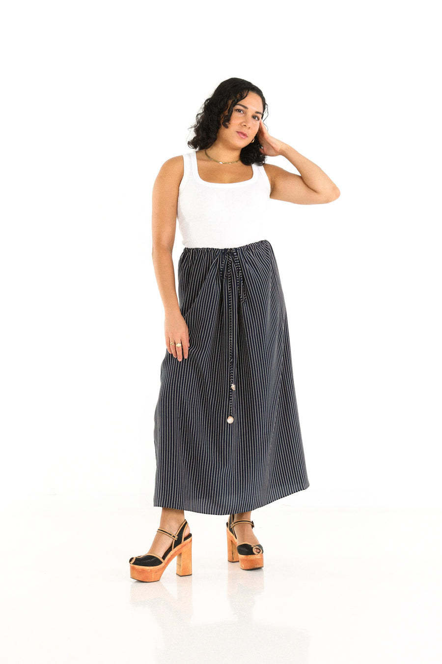 Drawstring Column Skirt in Nautical Stripe