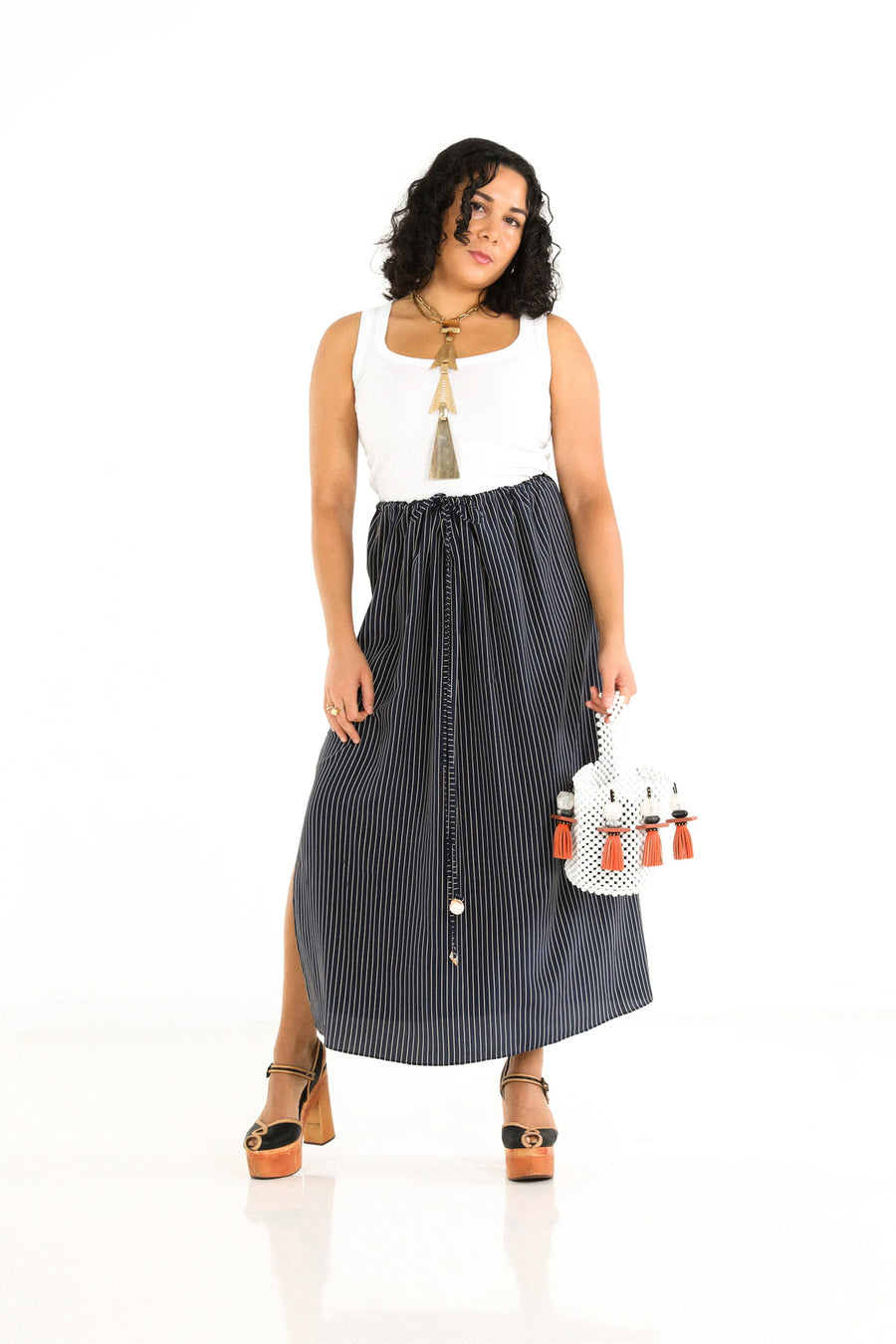 Drawstring Column Skirt in Nautical Stripe