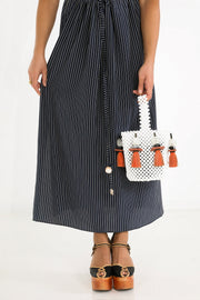 Drawstring Column Skirt in Nautical Stripe