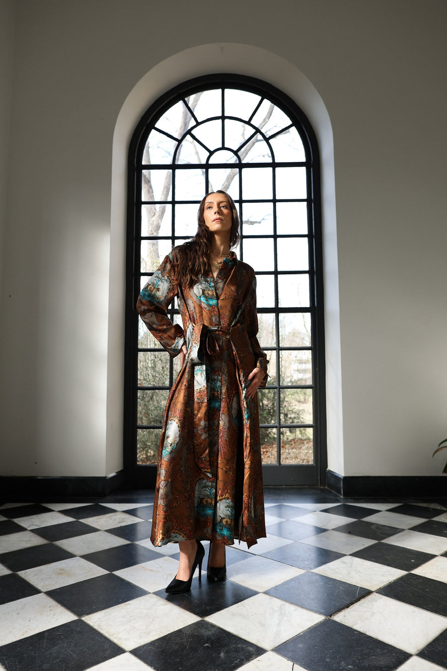 silk trench dress Trench-Style Silk Midi Shirt Dress