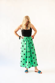 Drawstring Skirt in Emerald Polka