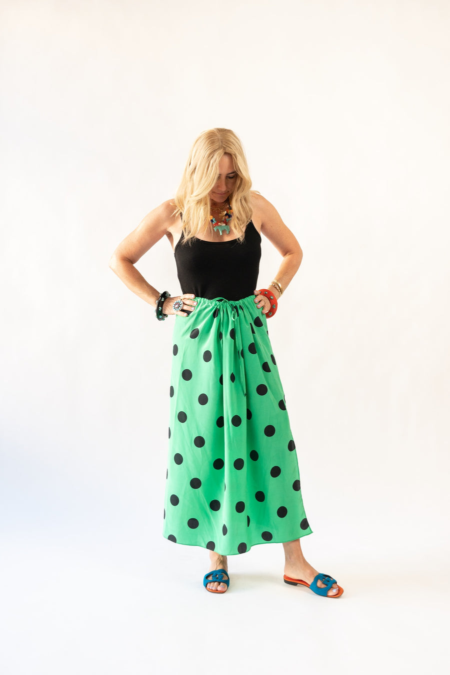 Drawstring Skirt in Emerald Polka