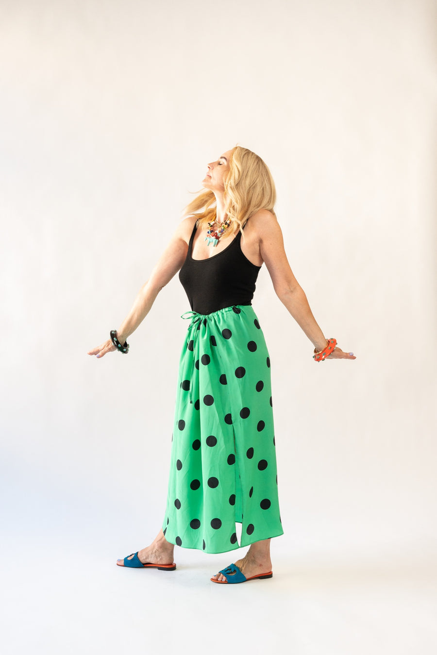 Drawstring Skirt in Emerald Polka