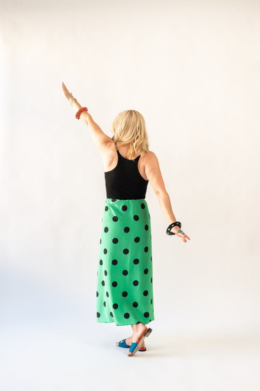 Drawstring Skirt in Emerald Polka