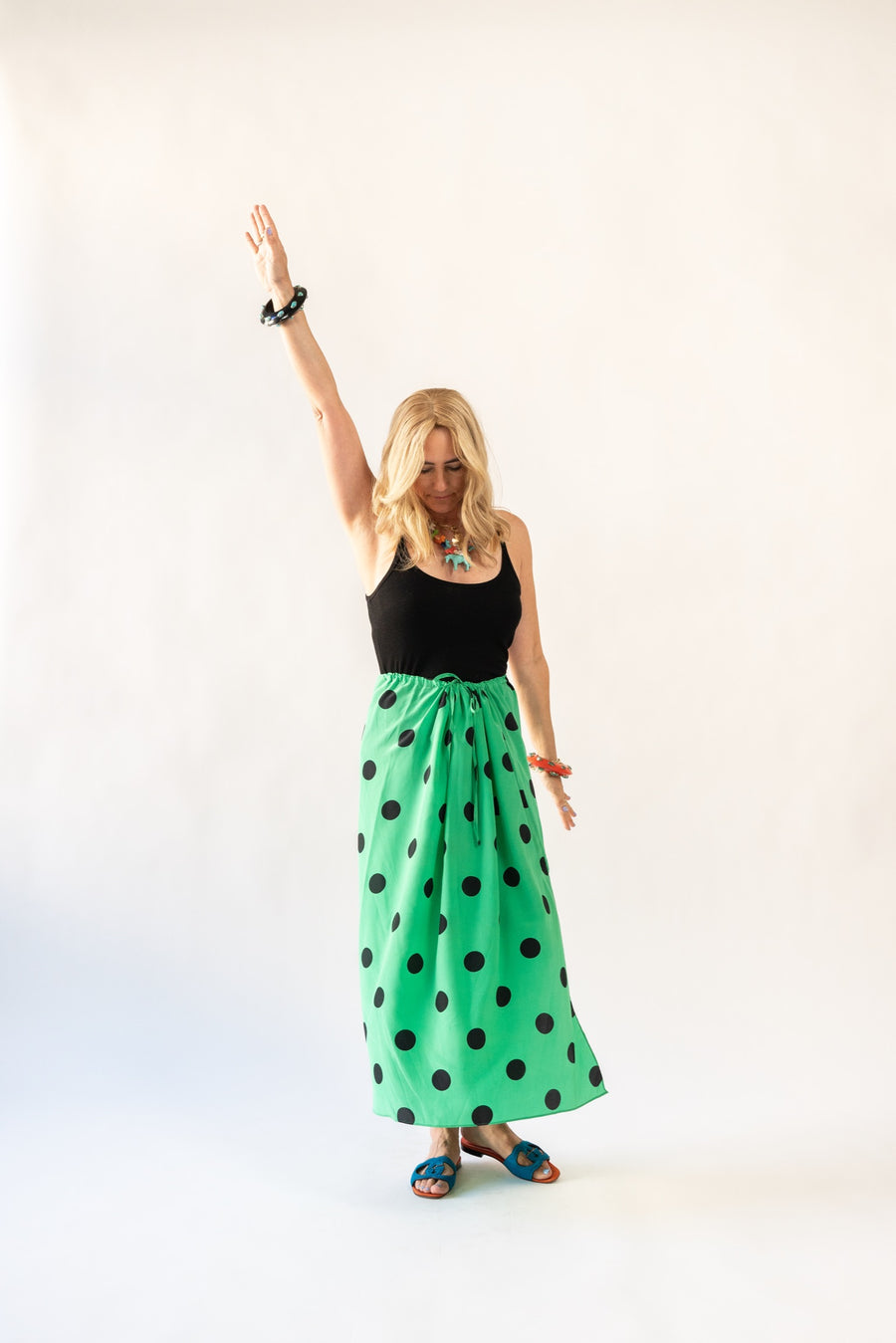 Drawstring Skirt in Emerald Polka