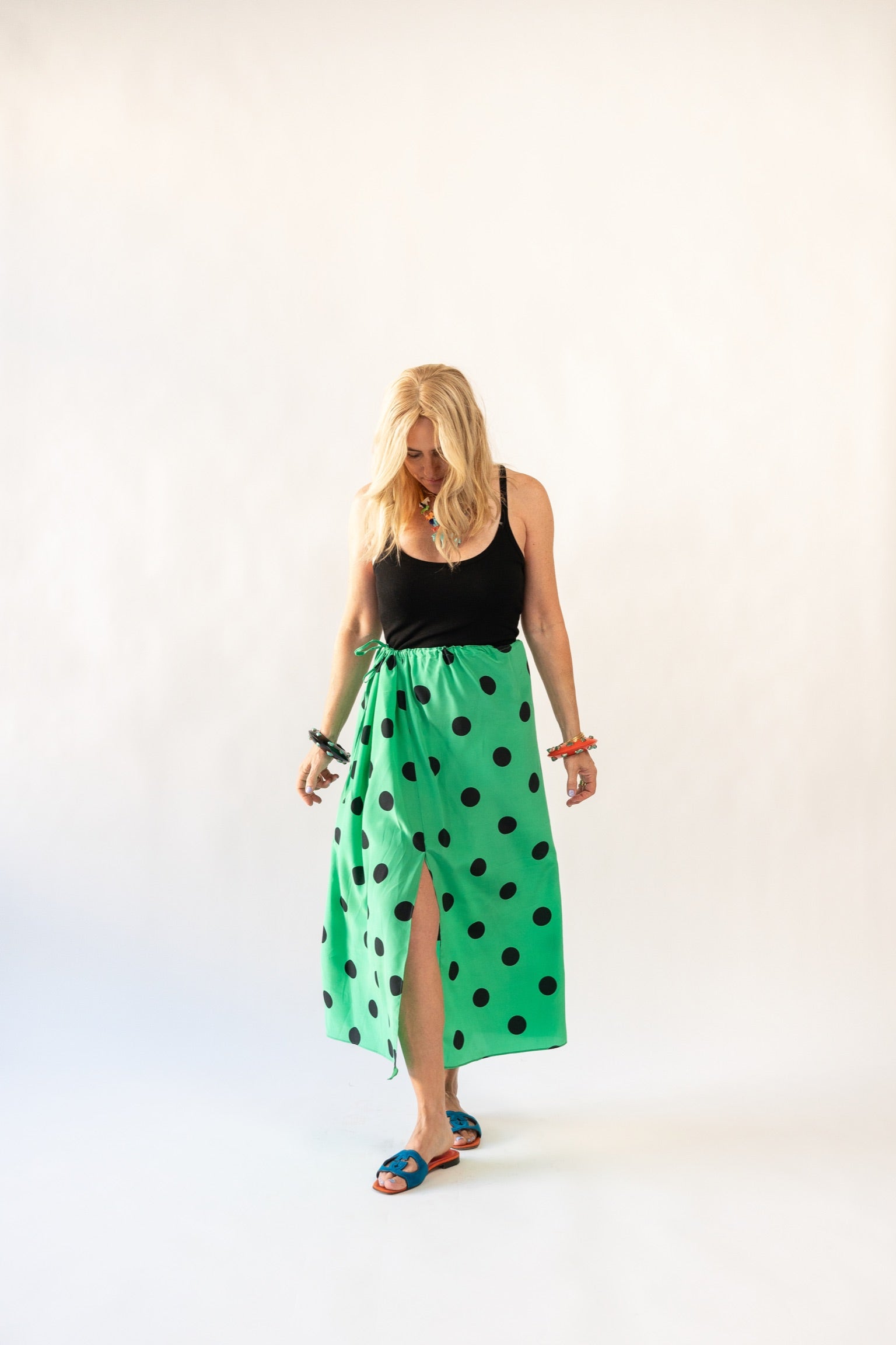 Drawstring Skirt in Emerald Polka