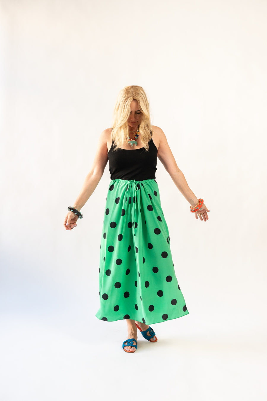 Drawstring Skirt in Emerald Polka