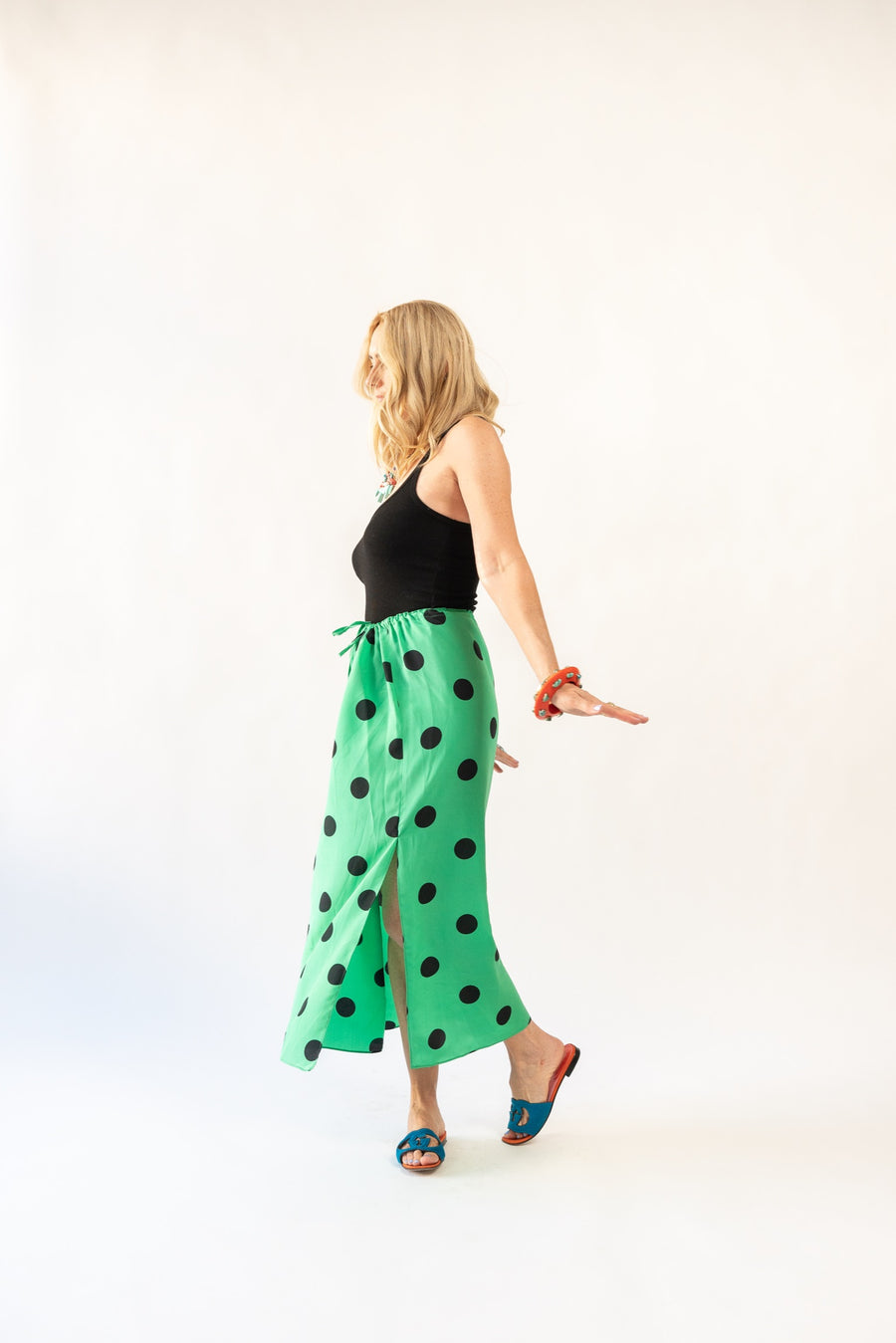 Drawstring Skirt in Emerald Polka