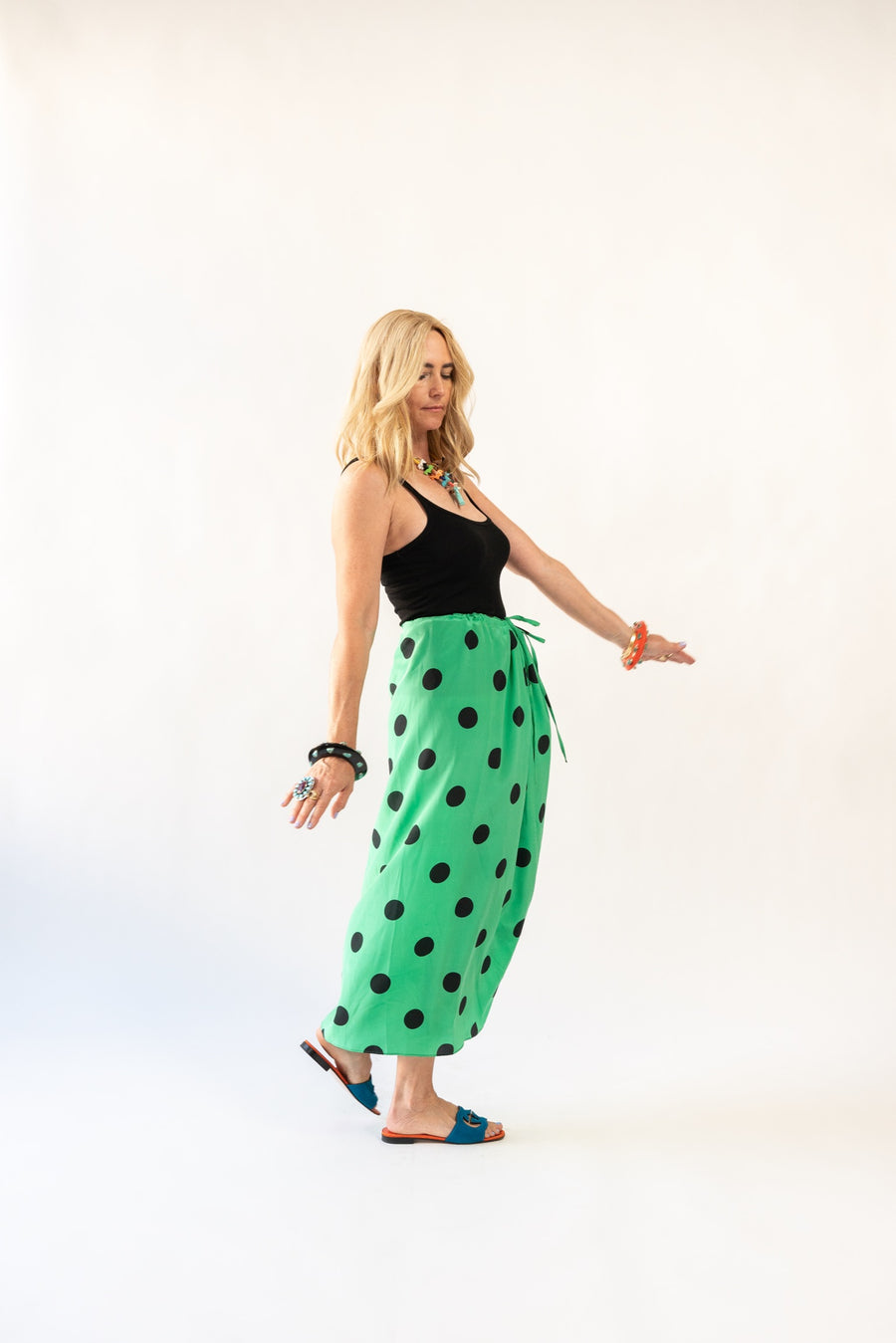 Drawstring Skirt in Emerald Polka