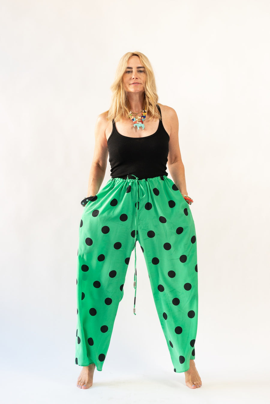 Drawstring Pants in Emeral Polka