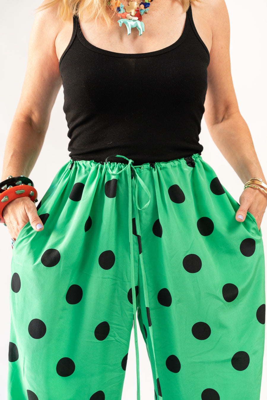 Drawstring Pants in Emeral Polka