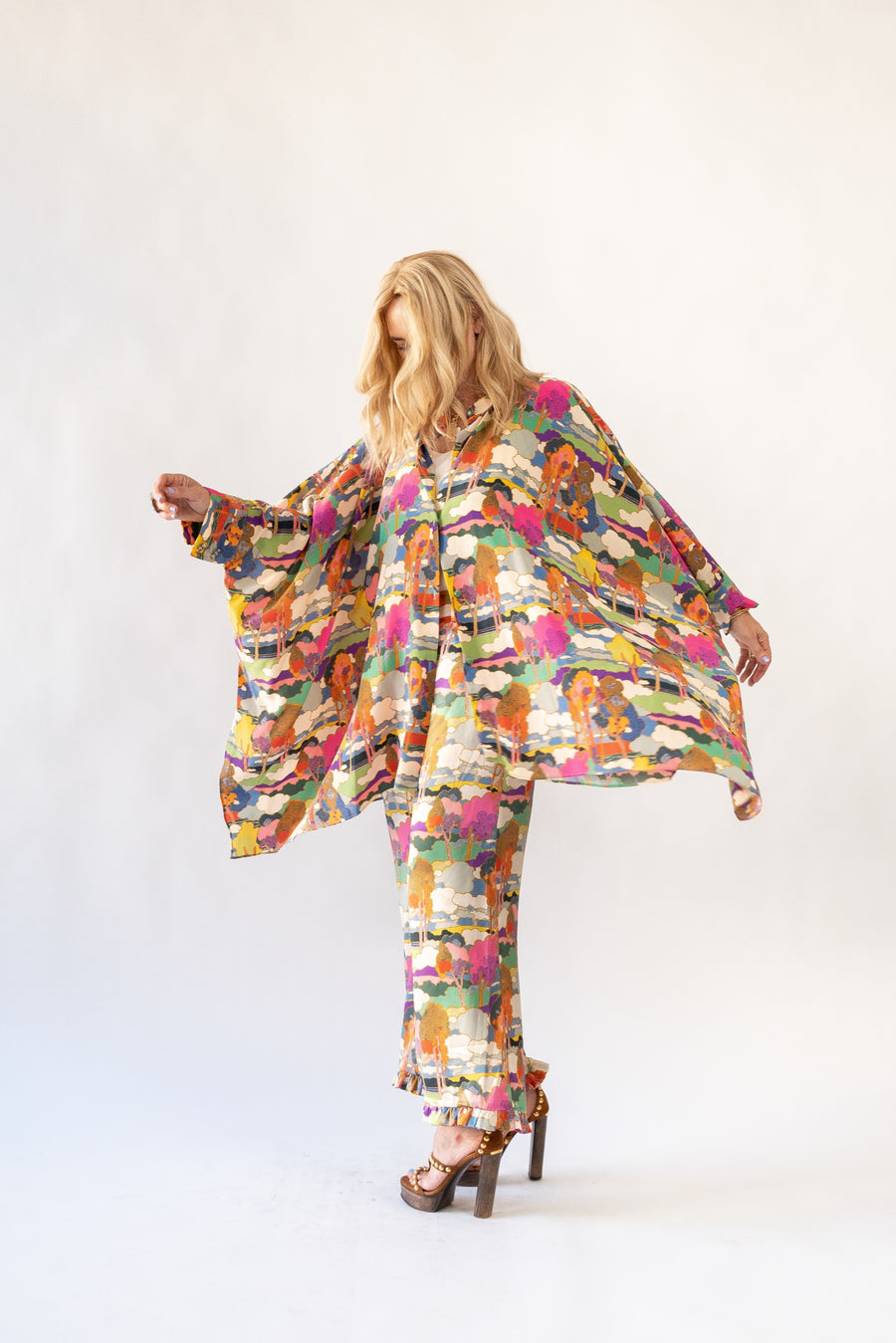 Midi Button Closure Silk Kaftan in Prospect Road