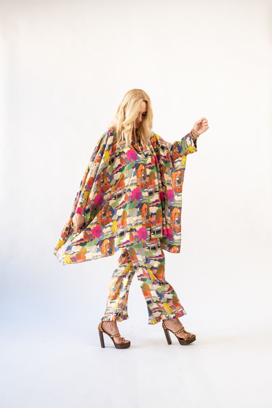 Midi Button Closure Silk Kaftan in Prospect Road