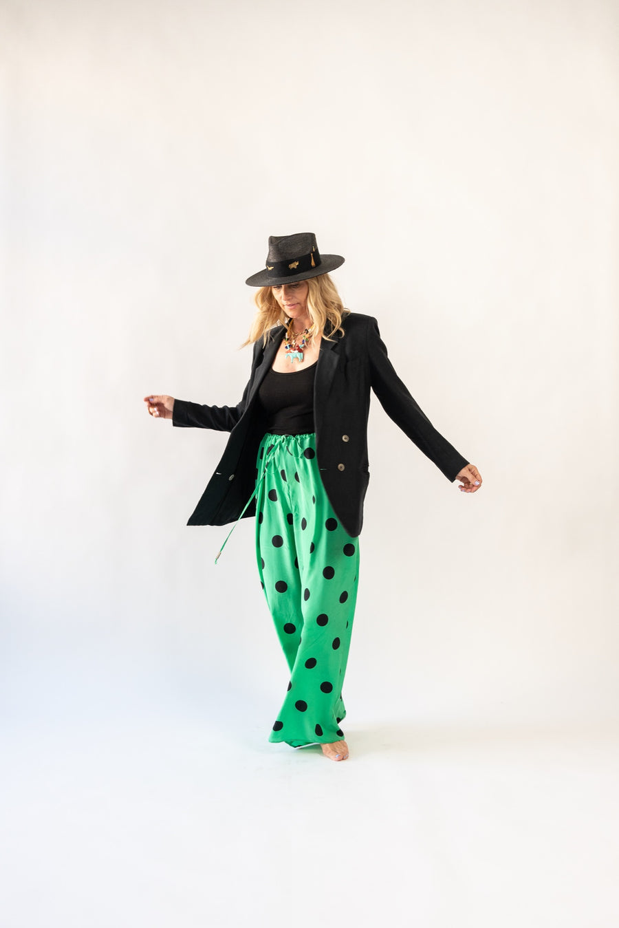 Drawstring Pants in Emeral Polka