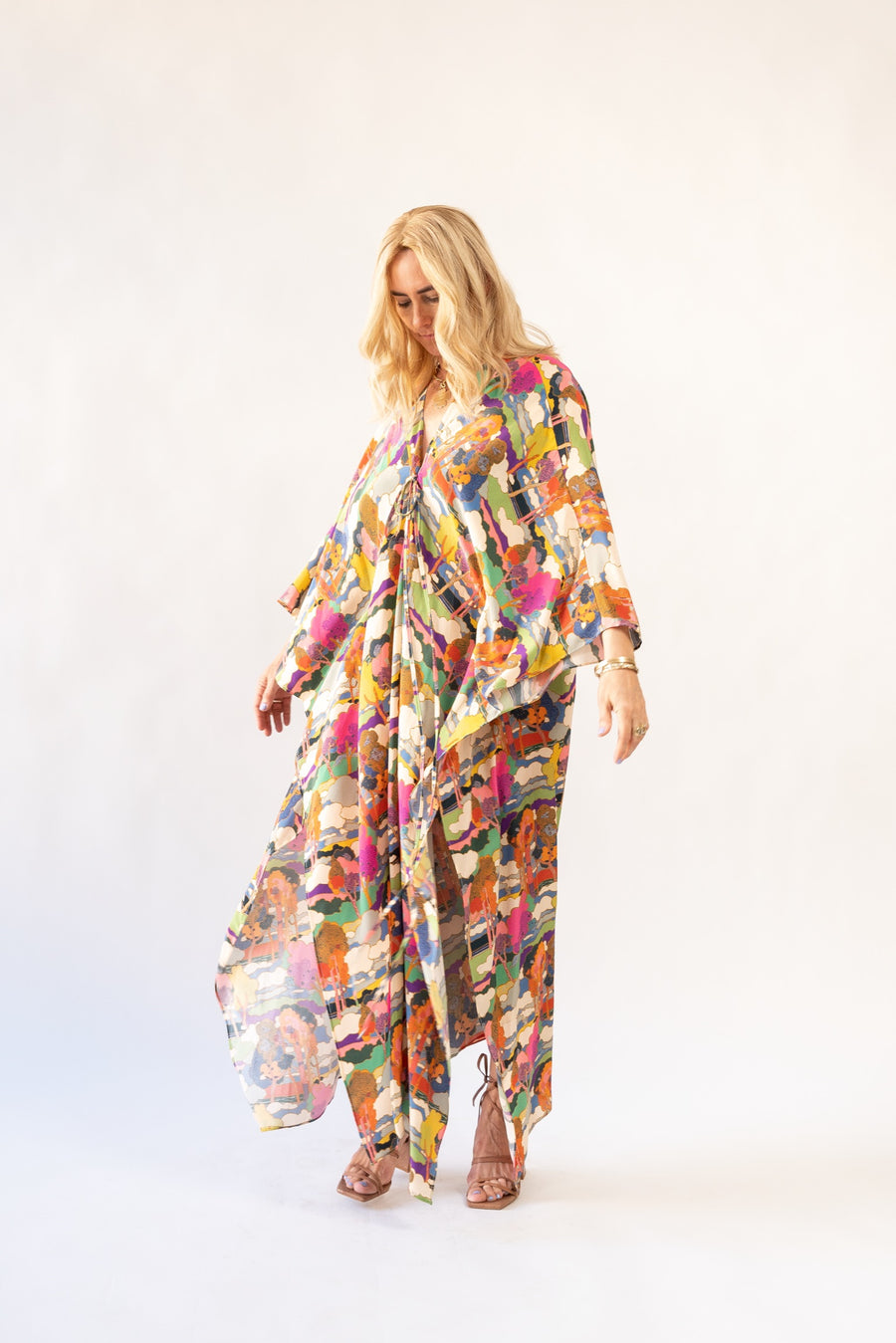 Silk Tie Closure Maxi Kaftan in Prospect Road