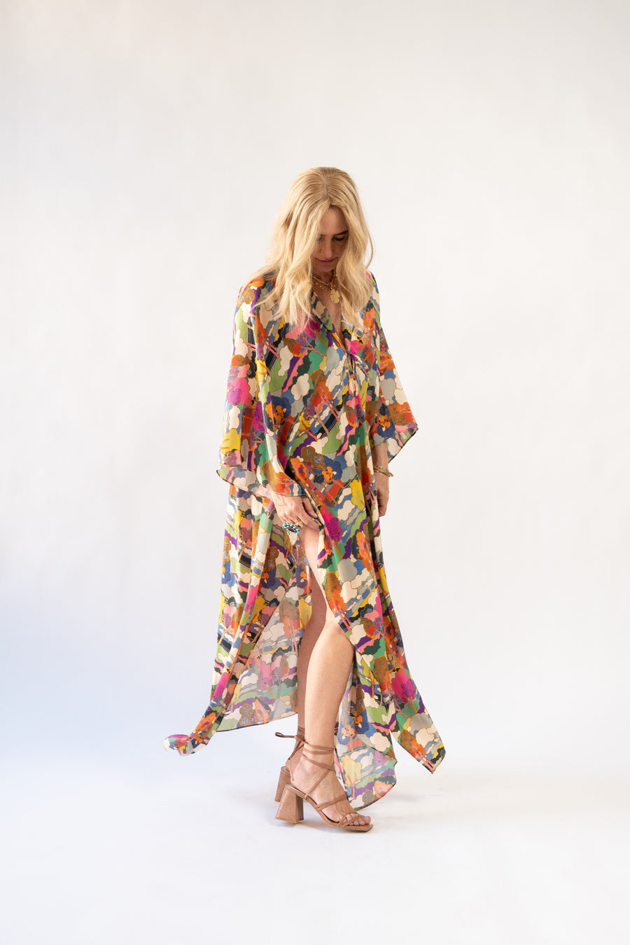 Silk Tie Closure Maxi Kaftan in Prospect Road